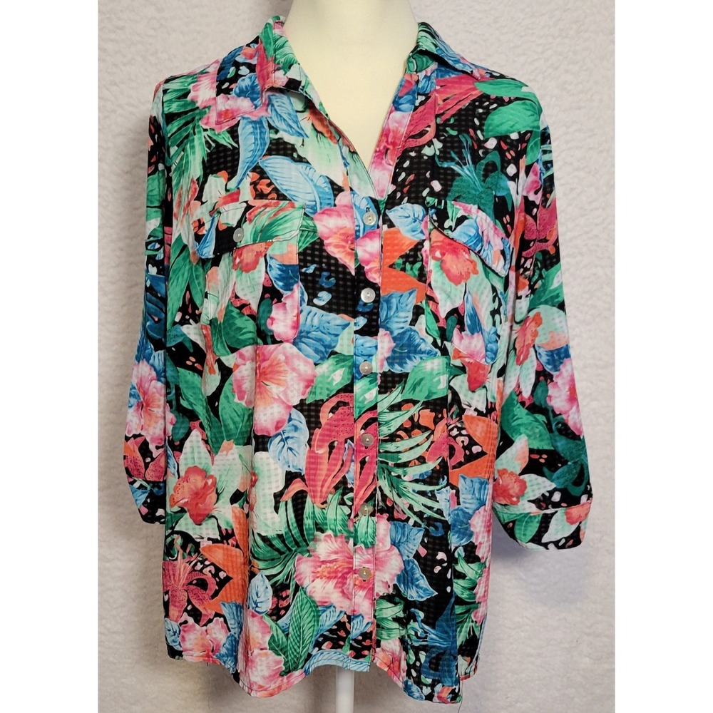 Notations Woman Blouse Size 2X Multicolor Floral Roll-Up‎ Sleeve Button Up 1080